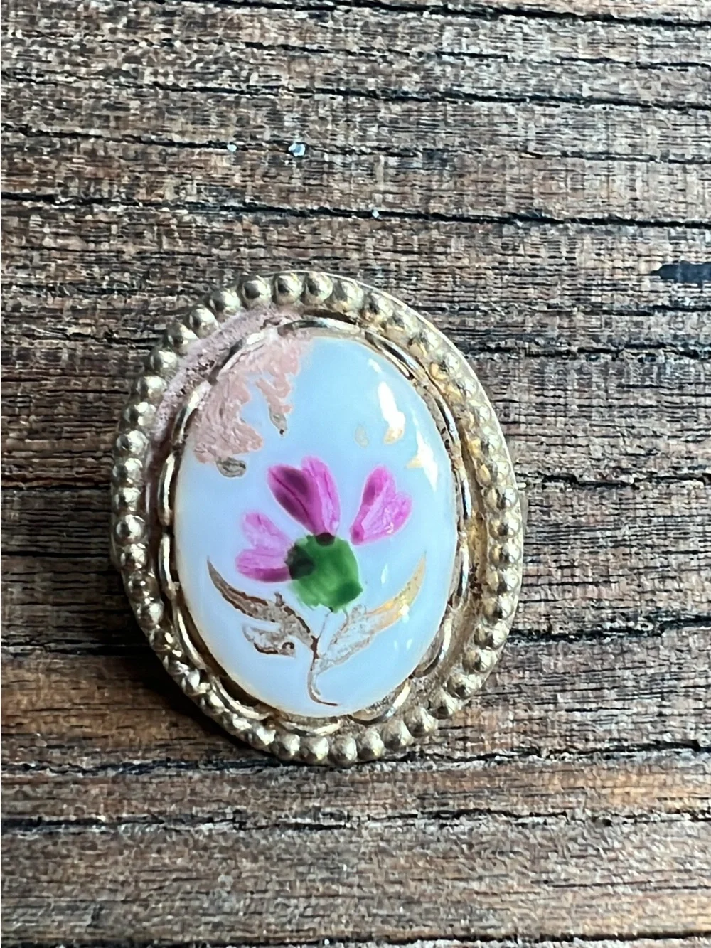 Gold-Tone Floral Porcelain Oval Ring - Pink Flower